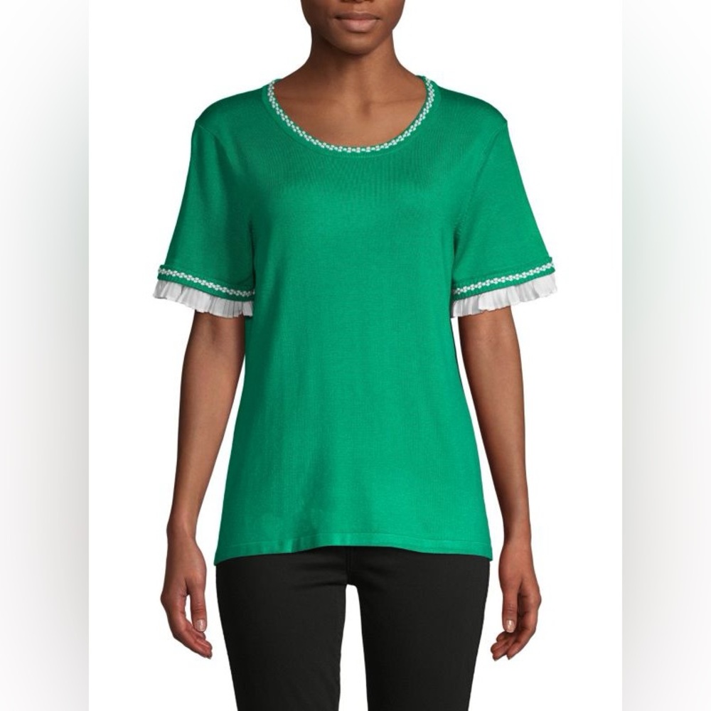 Karl Lagerfeld Paris Ruffle & Embroidery-Trim Short-Sleeve Sweater
